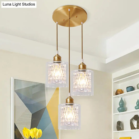 Modern Brass Pendant Light With Prismatic Glass Shade - 3 Lights Cylinder Design / Round