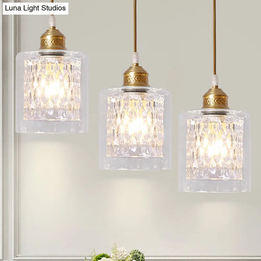 Modern Brass Pendant Light With Prismatic Glass Shade - 3 Lights Cylinder Design / Linear