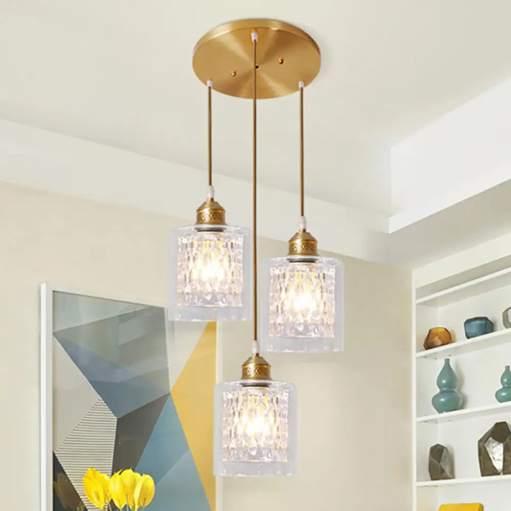 Modern Brass Cylinder Pendant Light With Prismatic Glass Shade - 3 Lights Linear/Round Canopy /