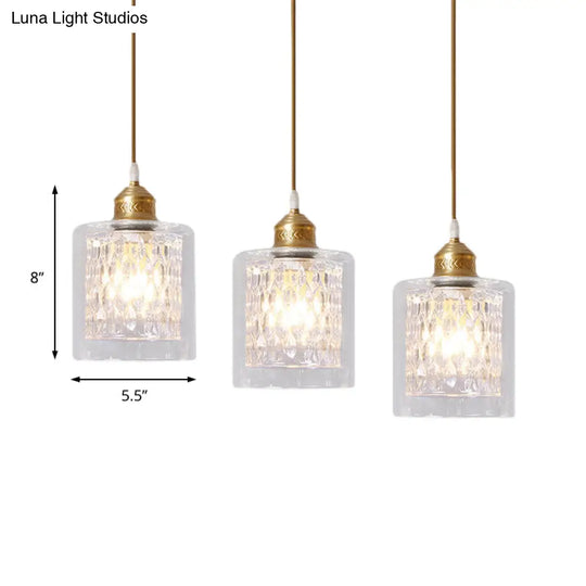 Modern Brass Pendant Light With Prismatic Glass Shade - 3 Lights Cylinder Design