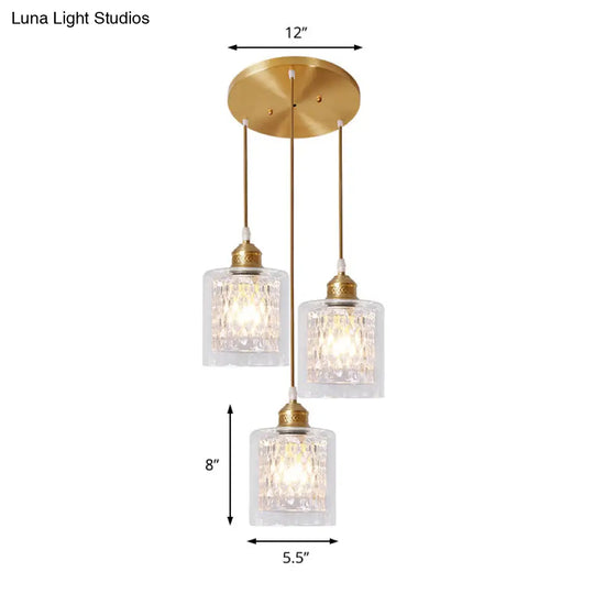 Modern Brass Cylinder Pendant Light With Prismatic Glass Shade - 3 Lights Linear/Round Canopy