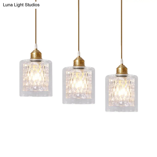 Modern Brass Pendant Light With Prismatic Glass Shade - 3 Lights Cylinder Design