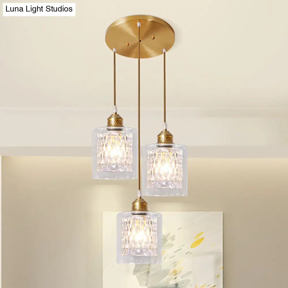 Modern Brass Pendant Light With Prismatic Glass Shade - 3 Lights Cylinder Design