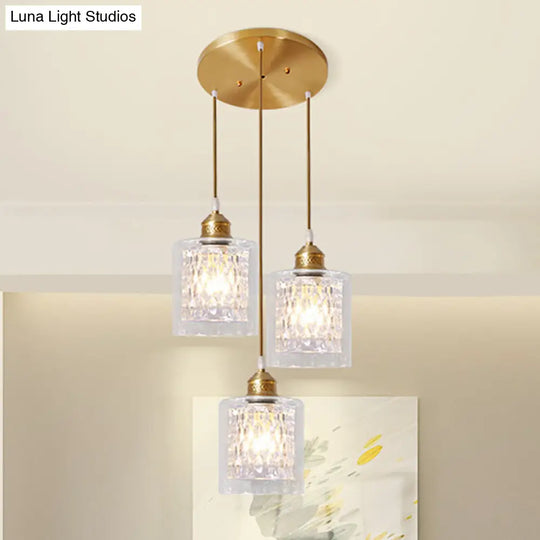 Modern Brass Pendant Light With Prismatic Glass Shade - 3 Lights Cylinder Design