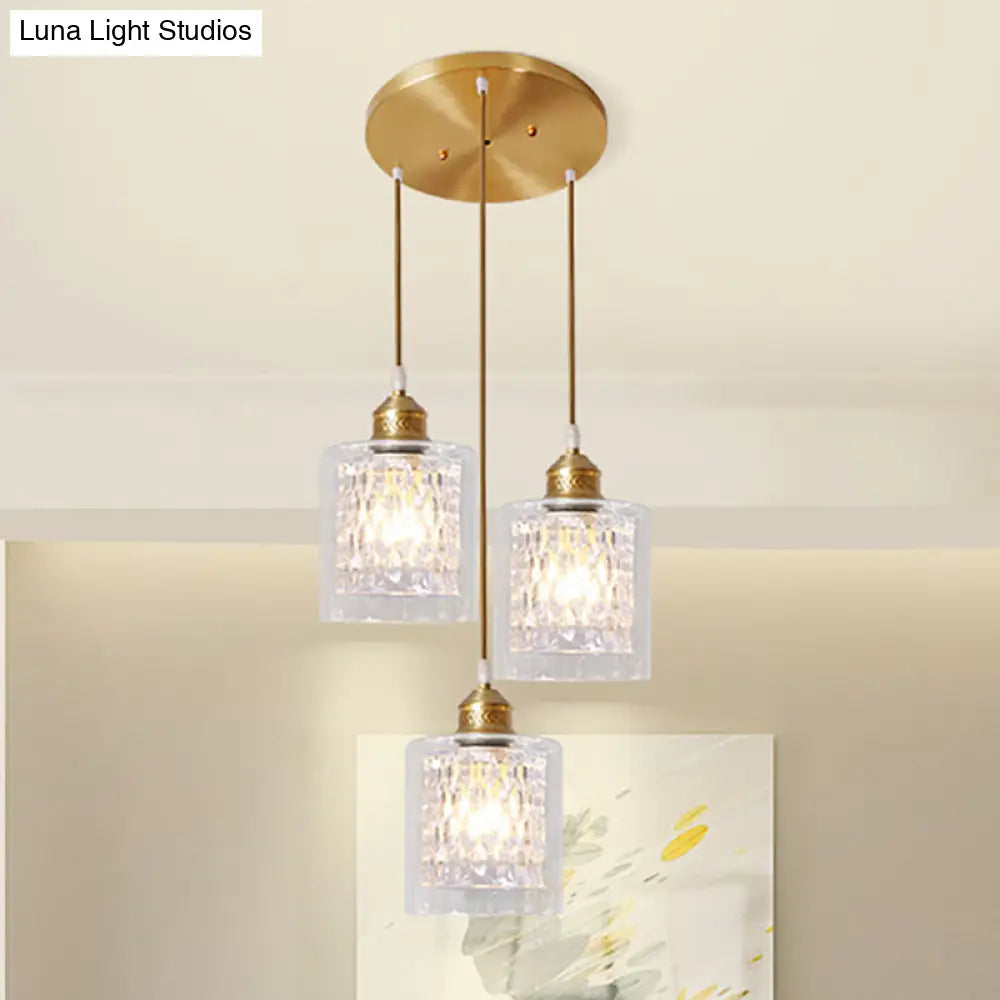 Modern Brass Cylinder Pendant Light With Prismatic Glass Shade - 3 Lights Linear/Round Canopy