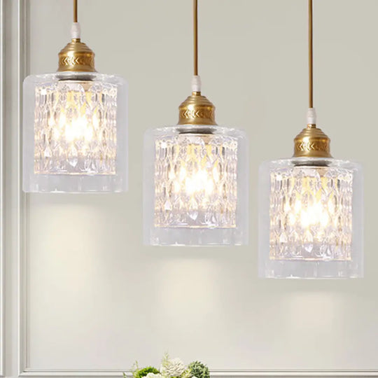 Modern Brass Cylinder Pendant Light With Prismatic Glass Shade - 3 Lights Linear/Round Canopy /