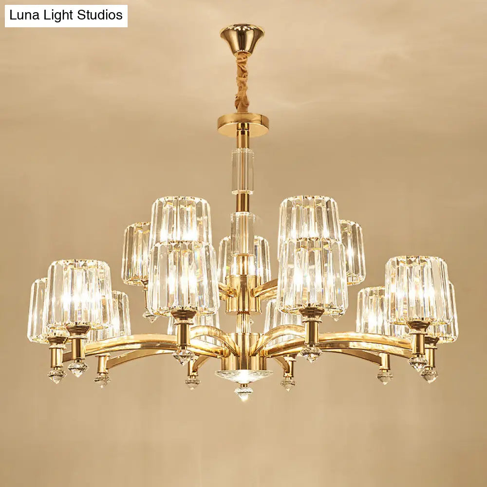 Modern Brass Cylindrical Crystal Chandelier For Living Room