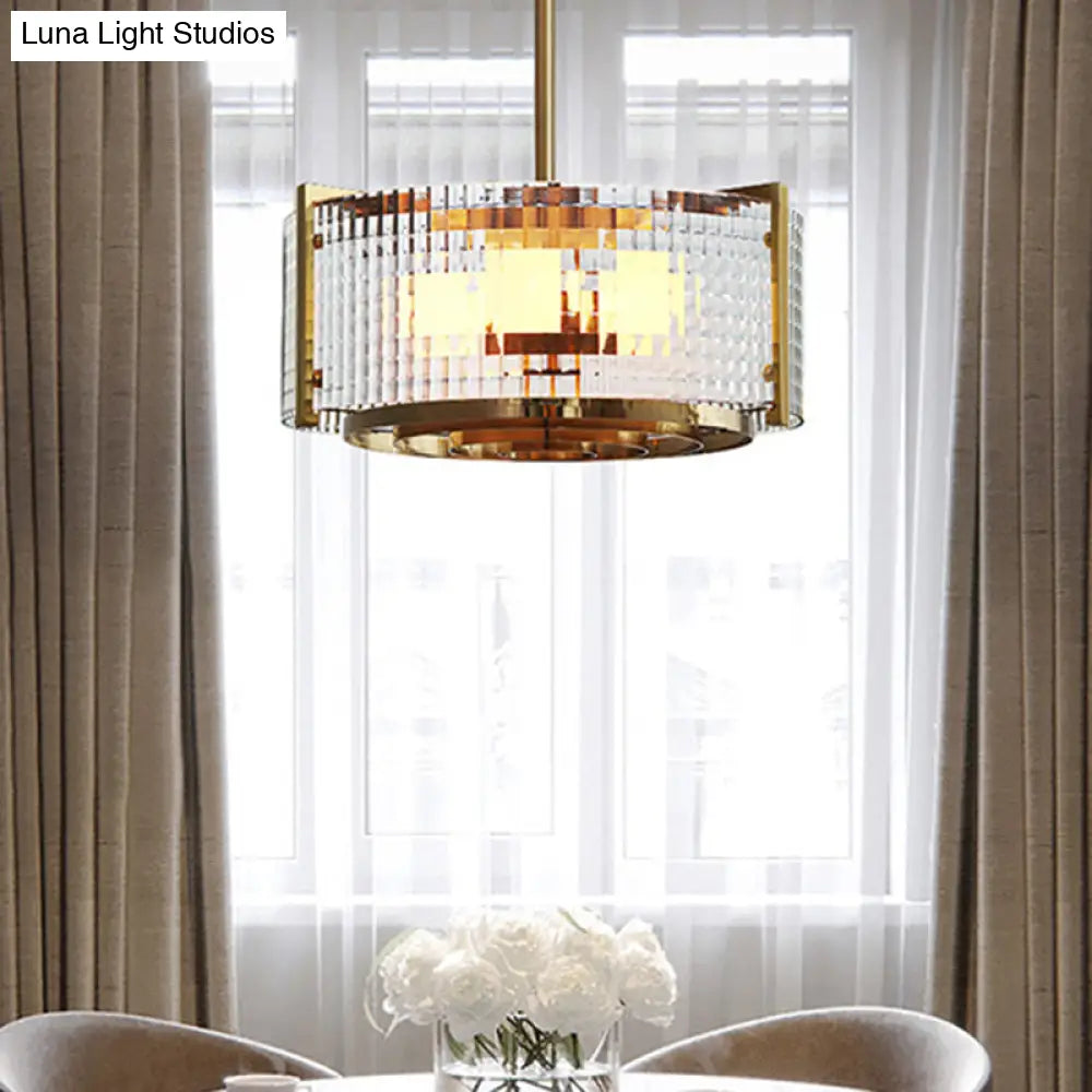 Modern Brass Drum Chandelier Lamp Clear Lattice Glass Hanging Light For Kitchen 3 Bulbs