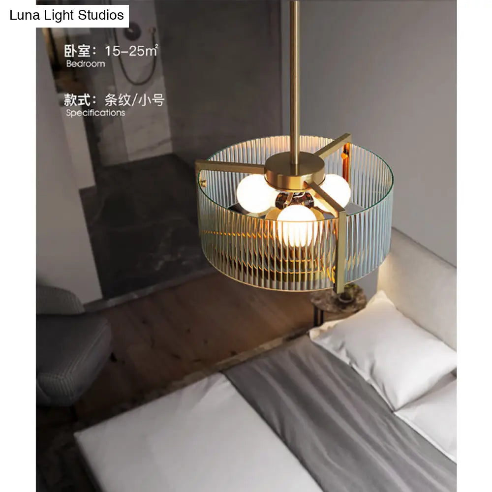 Modern Brass Drum Chandelier Lamp Clear Lattice Glass Hanging Light For Kitchen 3 Bulbs