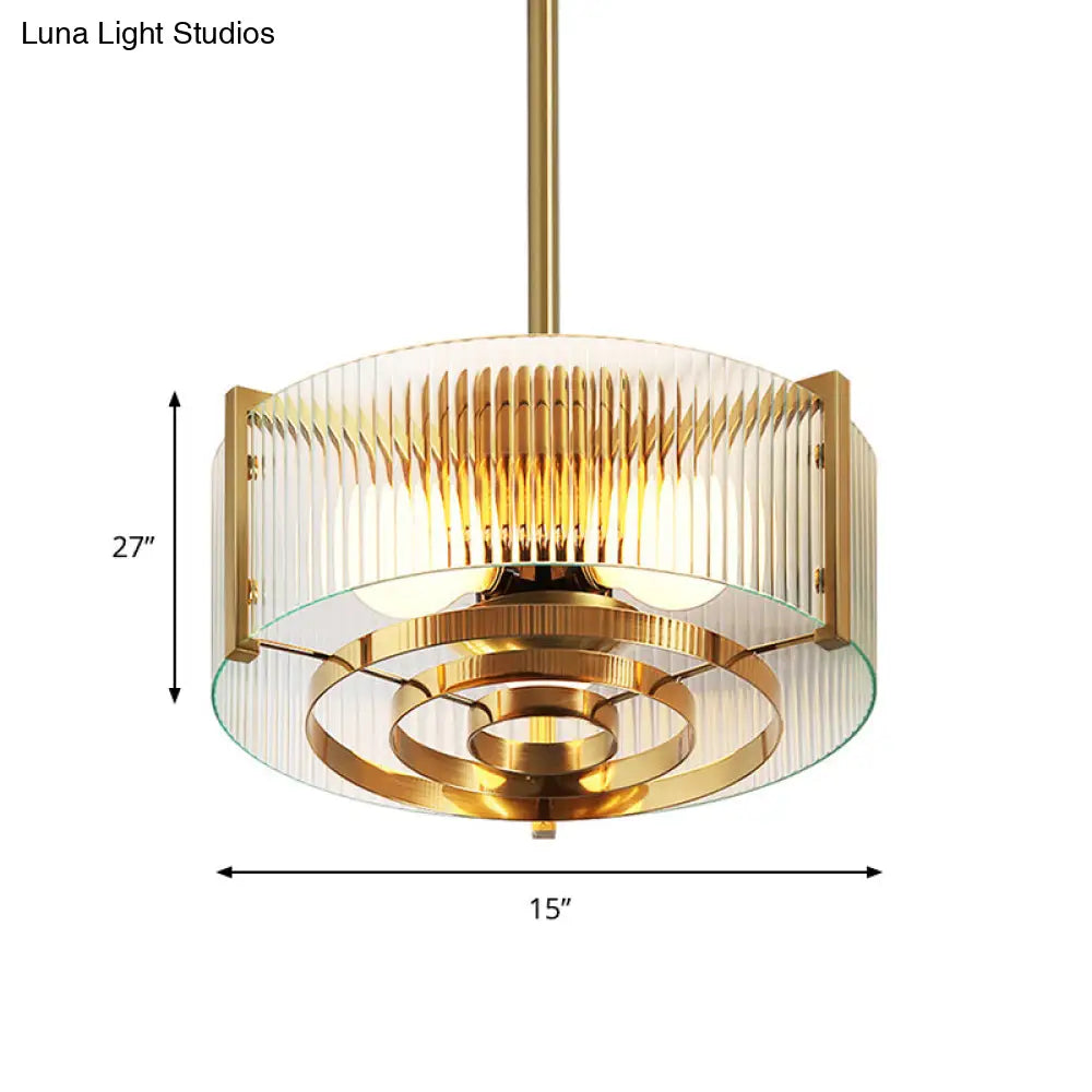 Modern Brass Drum Chandelier Lamp Clear Lattice Glass Hanging Light For Kitchen 3 Bulbs