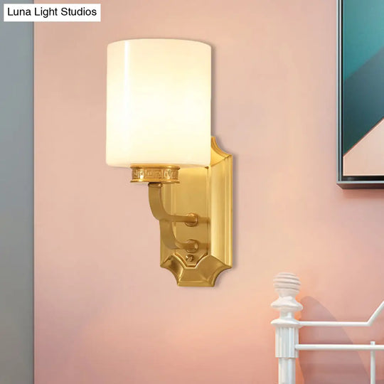 Modern Brass Drum Opal Glass Wall Sconce Lighting Fixture: Stylish 1-Light For Living Room