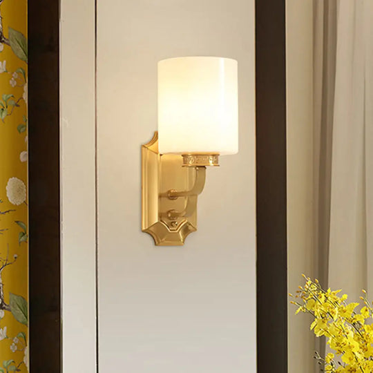 Modern Brass Drum Opal Glass Wall Sconce Lighting Fixture: Stylish 1-Light For Living Room