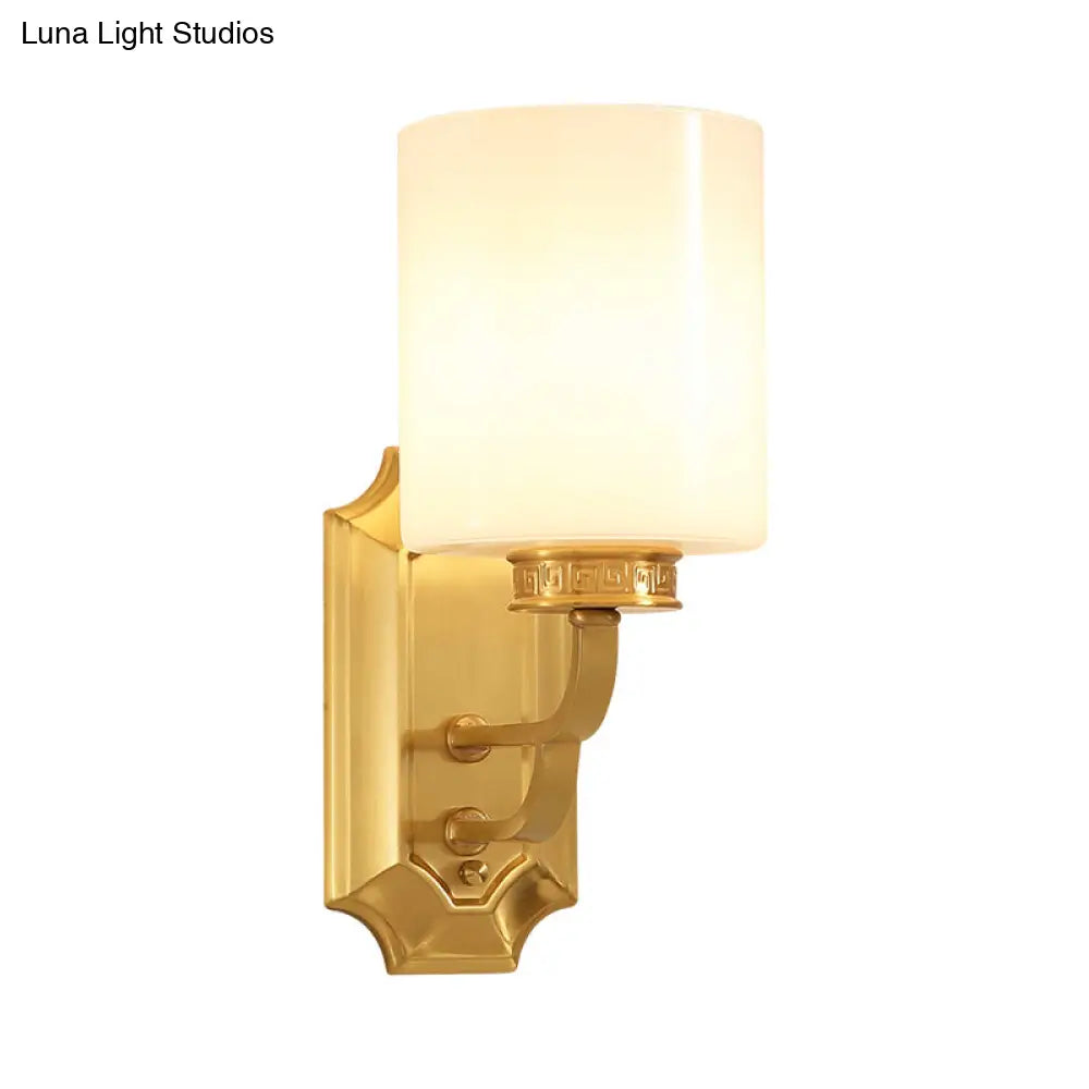 Modern Brass Drum Opal Glass Wall Sconce Lighting Fixture: Stylish 1-Light For Living Room