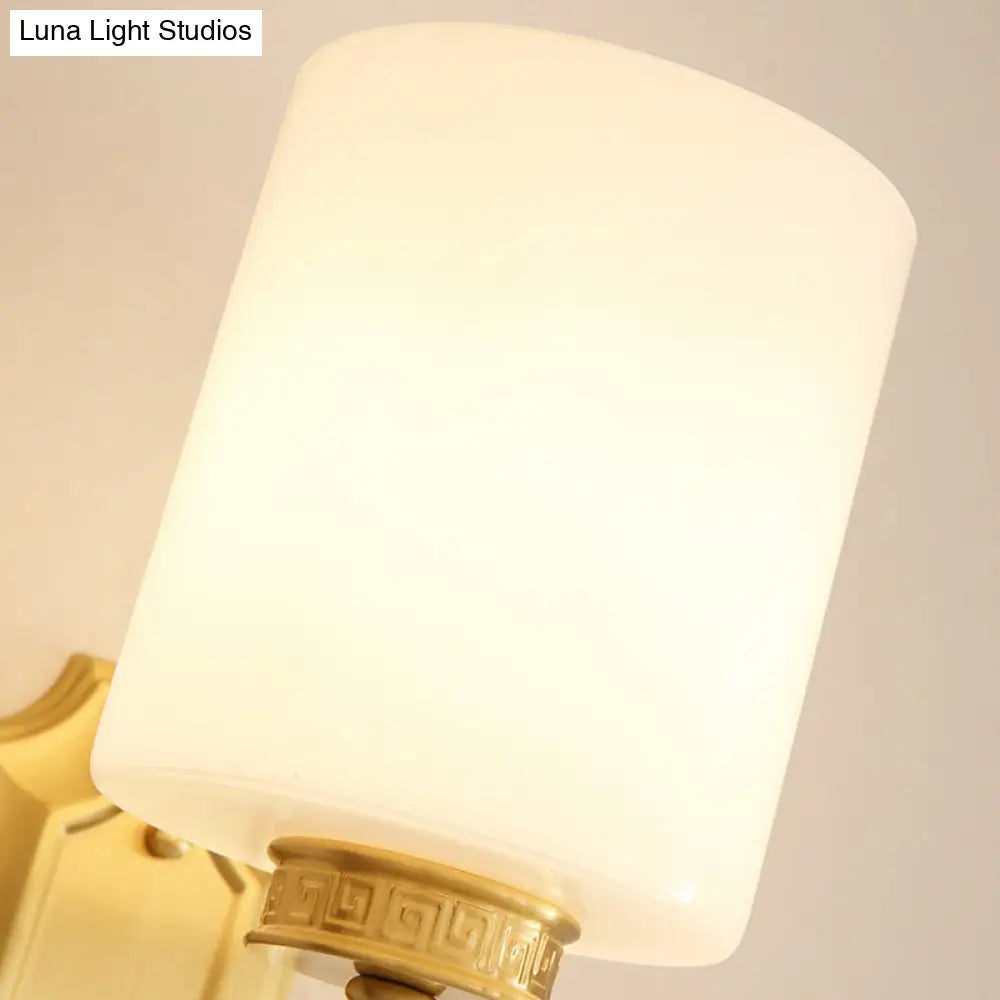 Modern Brass Drum Opal Glass Wall Sconce Lighting Fixture: Stylish 1-Light For Living Room