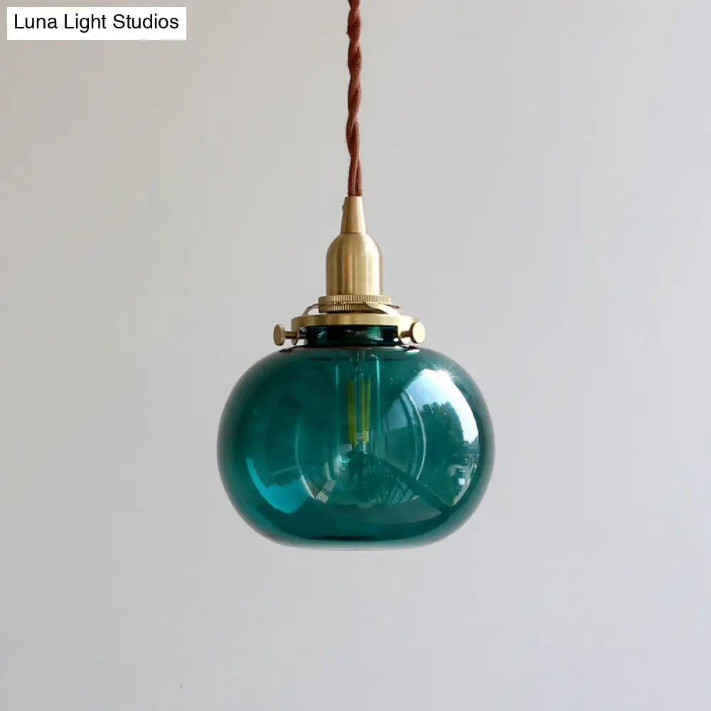 Modern Brass Pendant Light With Elliptical Blue/Clear/Green Glass Shade For Dining Room Ceiling