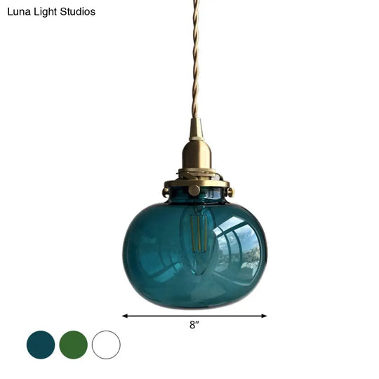 Modern Brass Pendant Light With Elliptical Blue/Clear/Green Glass Shade For Dining Room Ceiling