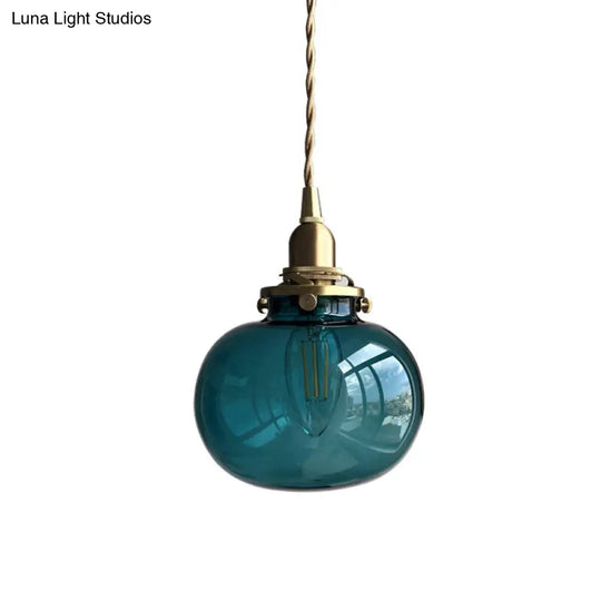 Modern Brass Pendant Light With Elliptical Blue/Clear/Green Glass Shade For Dining Room Ceiling