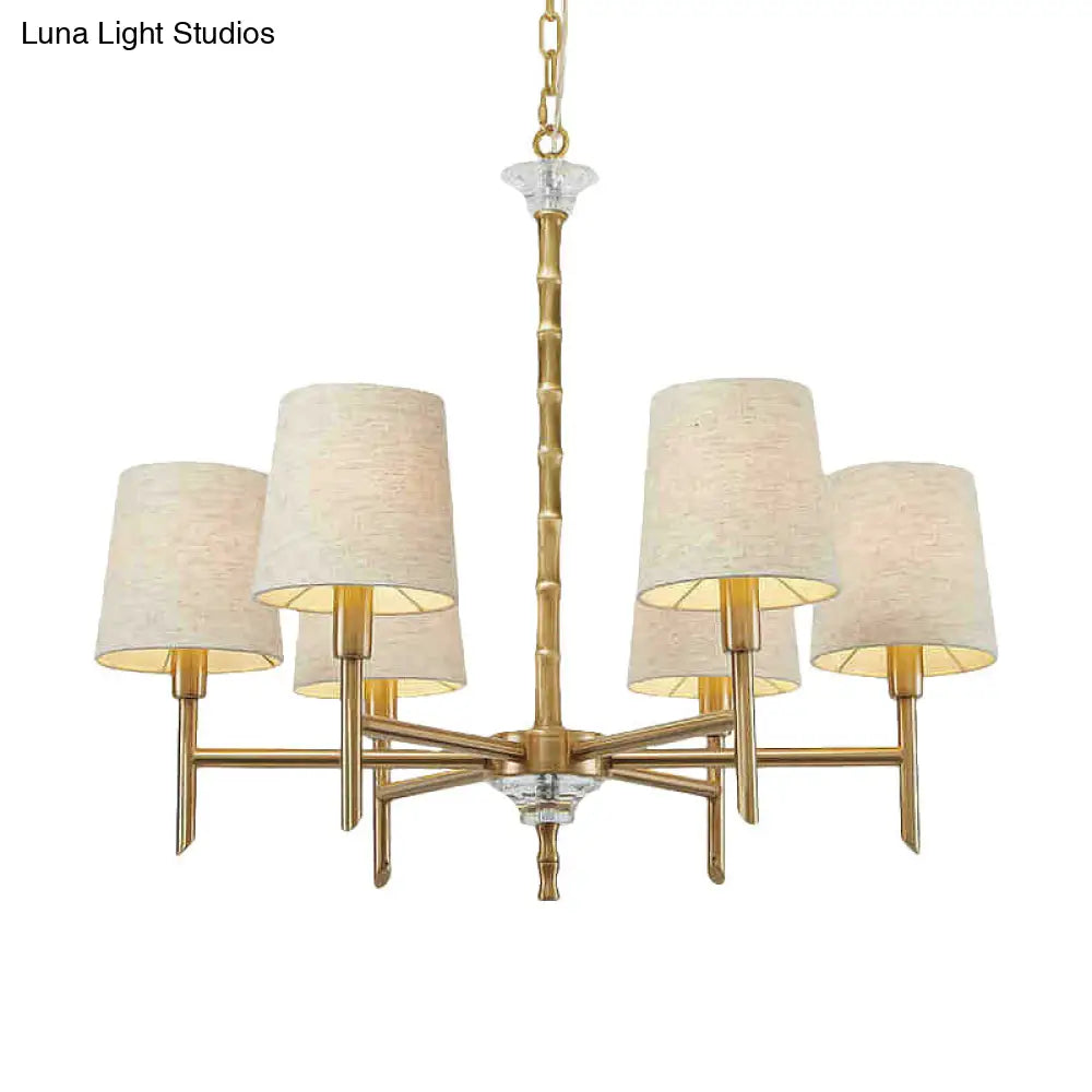 Modern Fabric Barrel Chandelier With 6 Brass Lights For Living Room Hanging