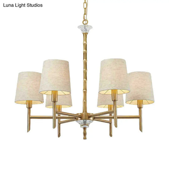 Modern Fabric Barrel Chandelier With 6 Brass Lights For Living Room Hanging