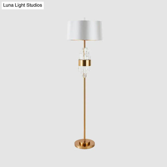 Modern Brass Finish Floor Lamp With Barrel Shade And Metal Base