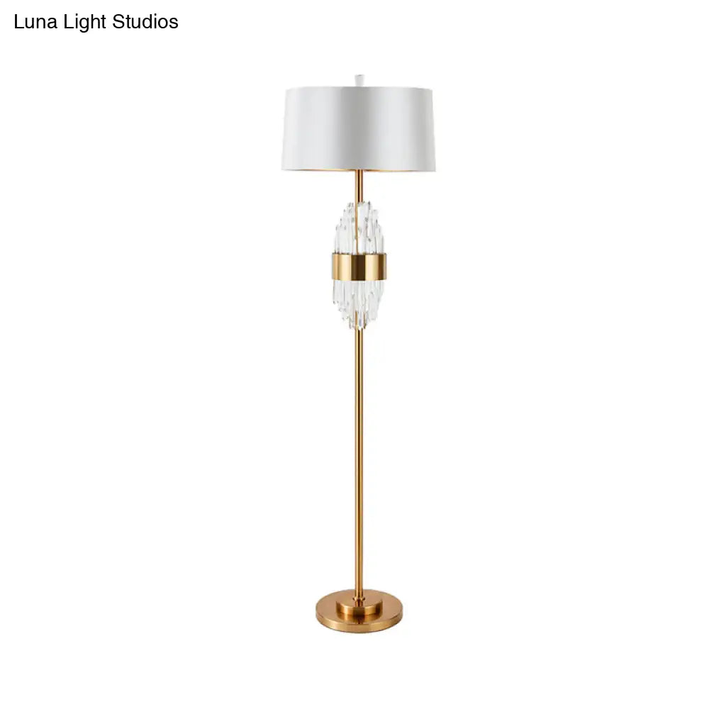 Modern Brass Finish Floor Lamp With Barrel Shade And Metal Base