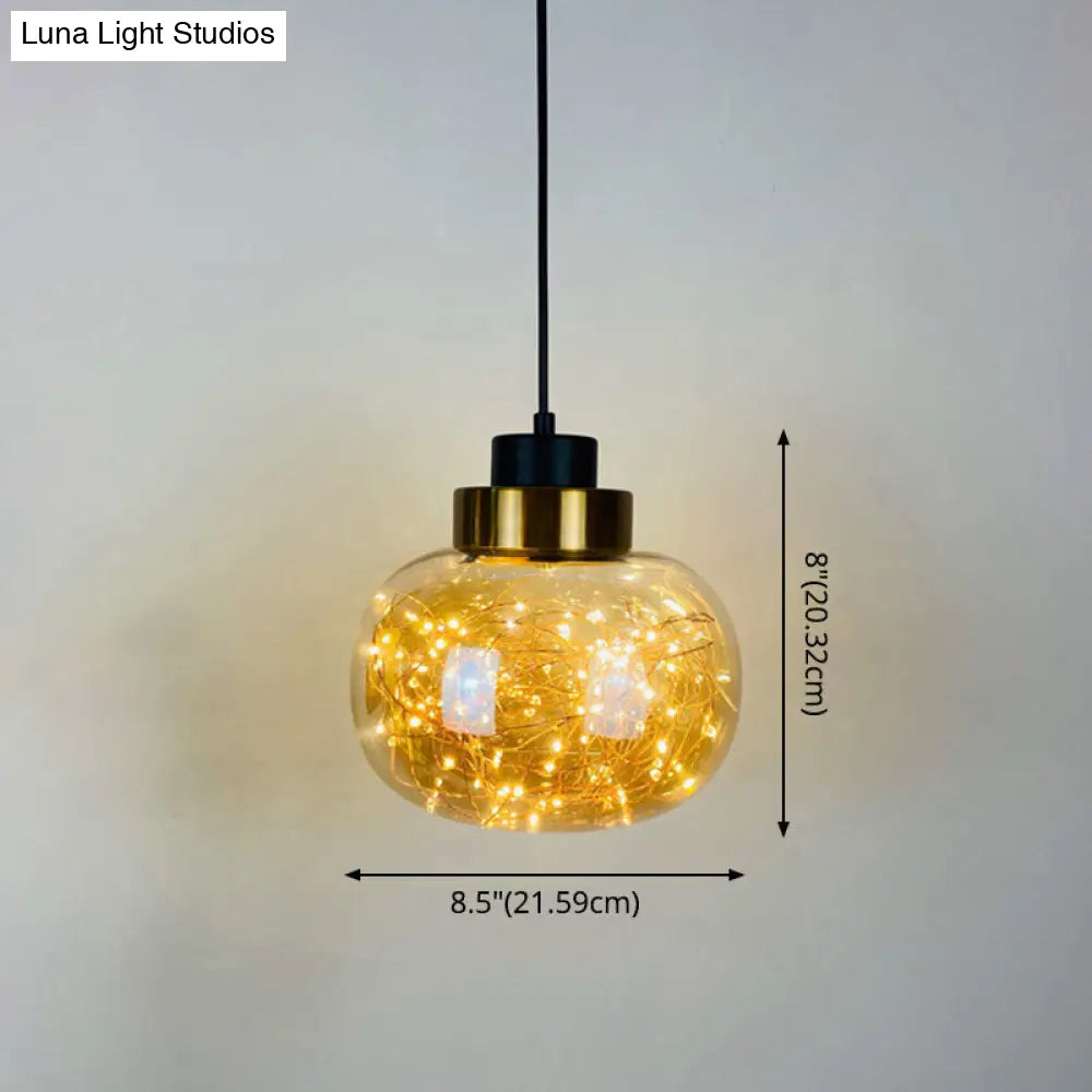 Modern Brass Finish Glass Jar Pendant Light With Led String - Ceiling Hang Lamp