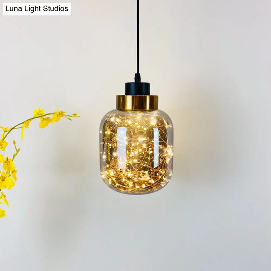 Modern Brass Finish Glass Jar Pendant Light With Led String - Ceiling Hang Lamp