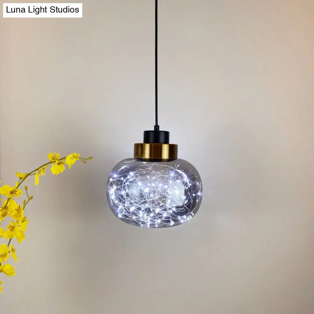 Modern Brass Finish Glass Jar Pendant Light With Led String - Ceiling Hang Lamp