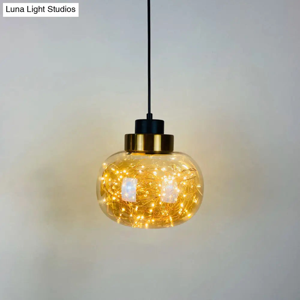 Modern Brass Finish Glass Jar Pendant Light With Led String - Ceiling Hang Lamp Amber / Warm