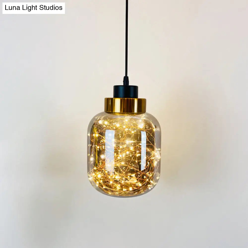 Modern Brass Finish Glass Jar Pendant Light With Led String - Ceiling Hang Lamp Smoke Gray / Warm