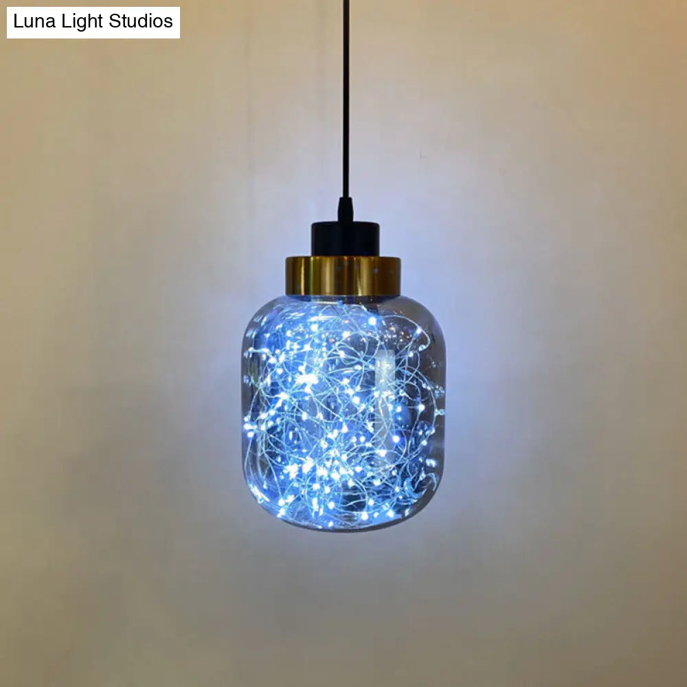 Modern Brass Finish Glass Jar Pendant Light With Led String - Ceiling Hang Lamp Smoke Gray / White