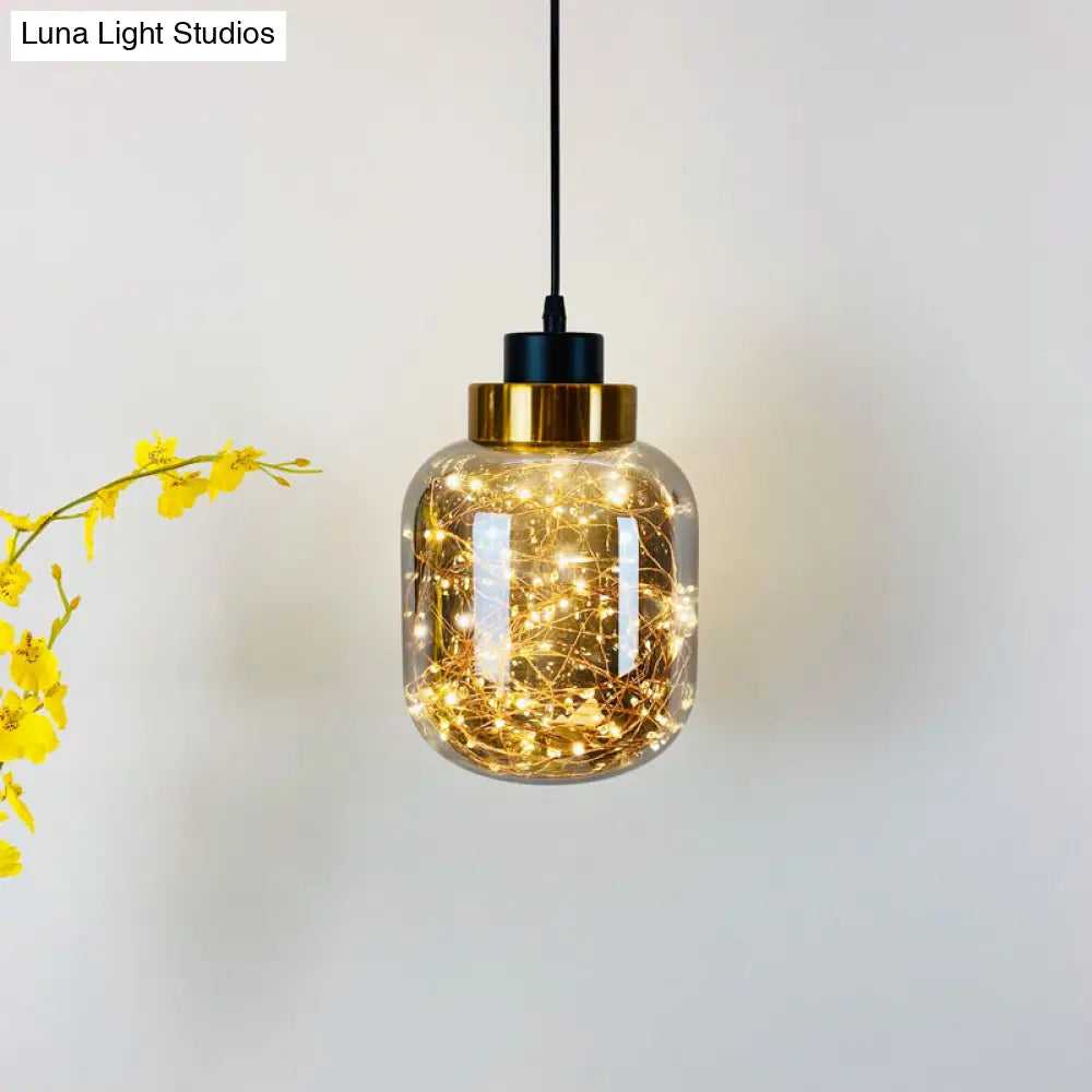 Modern Brass Finish Glass Jar Pendant Light With Led String For Ceiling Hanging