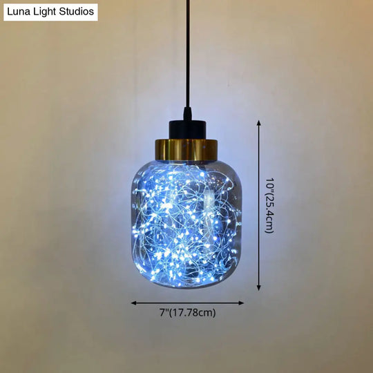 Modern Brass Finish Glass Jar Pendant Light With Led String - Ceiling Hang Lamp