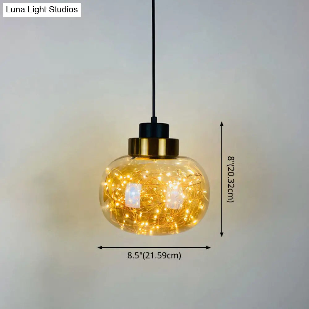 Modern Brass Finish Glass Jar Pendant Light With Led String For Ceiling Hanging