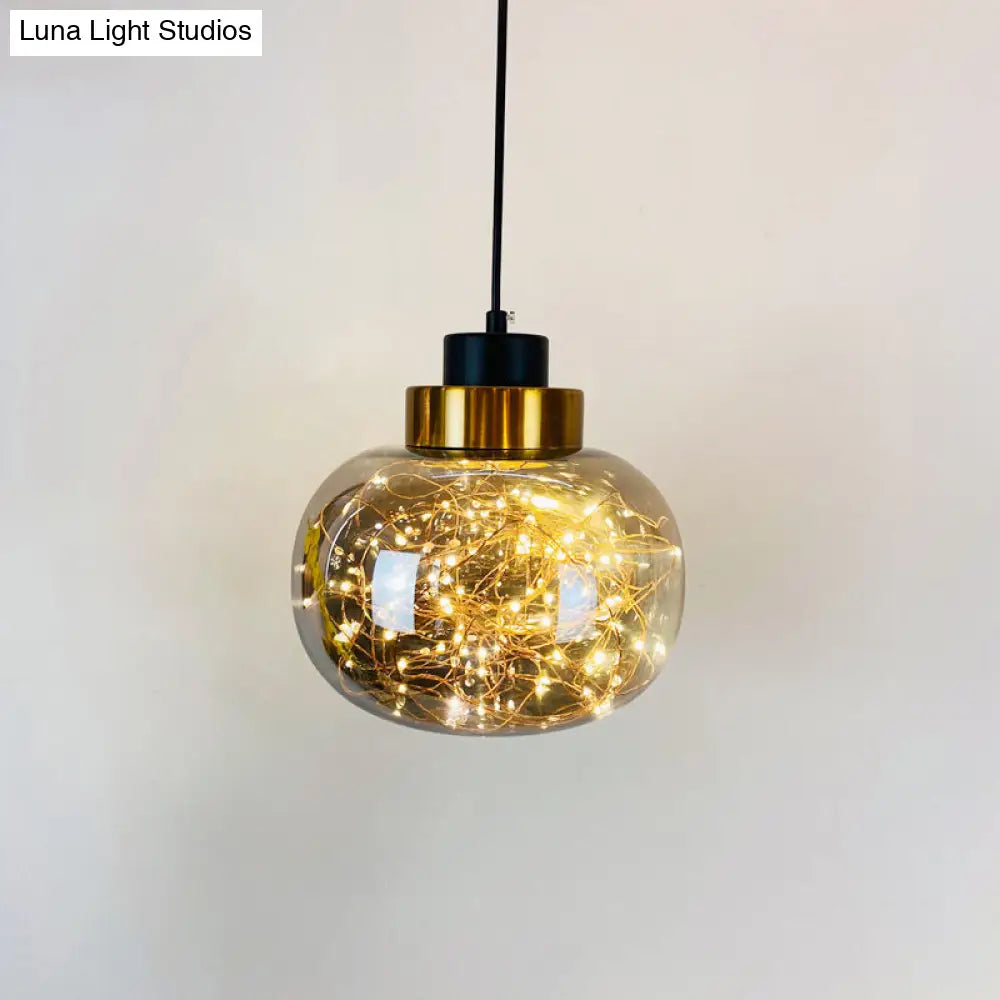 Modern Brass Finish Glass Jar Pendant Light With Led String - Ceiling Hang Lamp