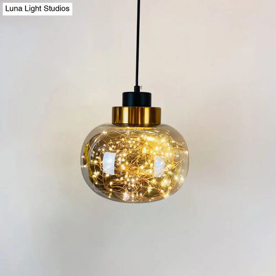 Modern Brass Finish Glass Jar Pendant Light With Led String - Ceiling Hang Lamp