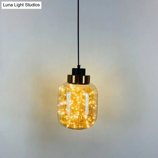 Modern Brass Finish Glass Jar Pendant Light With Led String - Ceiling Hang Lamp Amber / Warm Oval