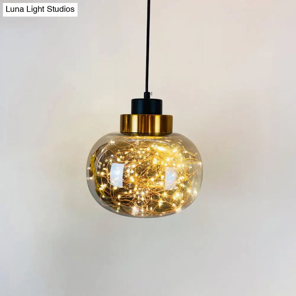 Modern Brass Finish Glass Jar Pendant Light With Led String For Ceiling Hanging