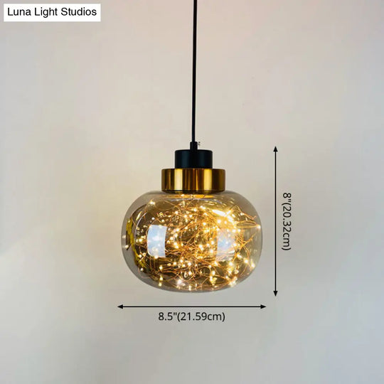 Modern Brass Finish Glass Jar Pendant Light With Led String - Ceiling Hang Lamp