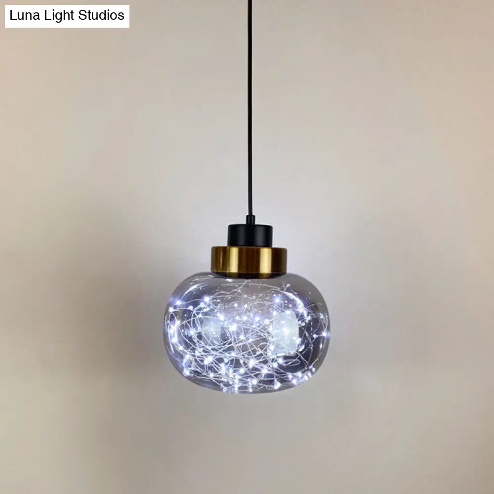 Modern Brass Finish Glass Jar Pendant Light With Led String - Ceiling Hang Lamp Smoke Gray / White