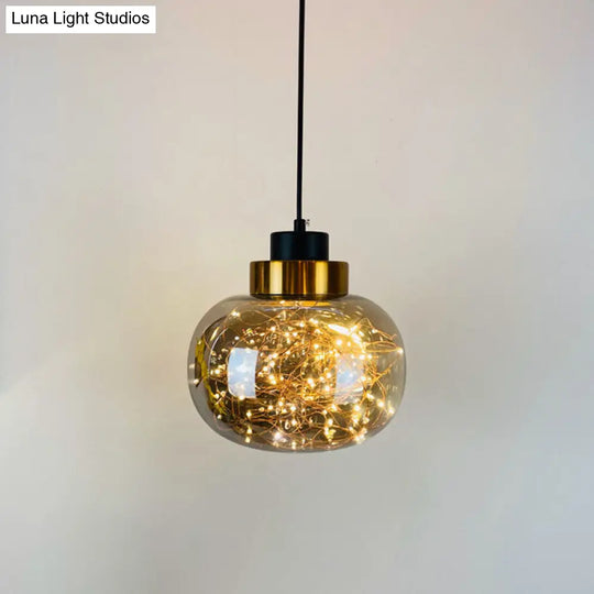 Modern Brass Finish Glass Jar Pendant Light With Led String - Ceiling Hang Lamp Smoke Gray / Warm