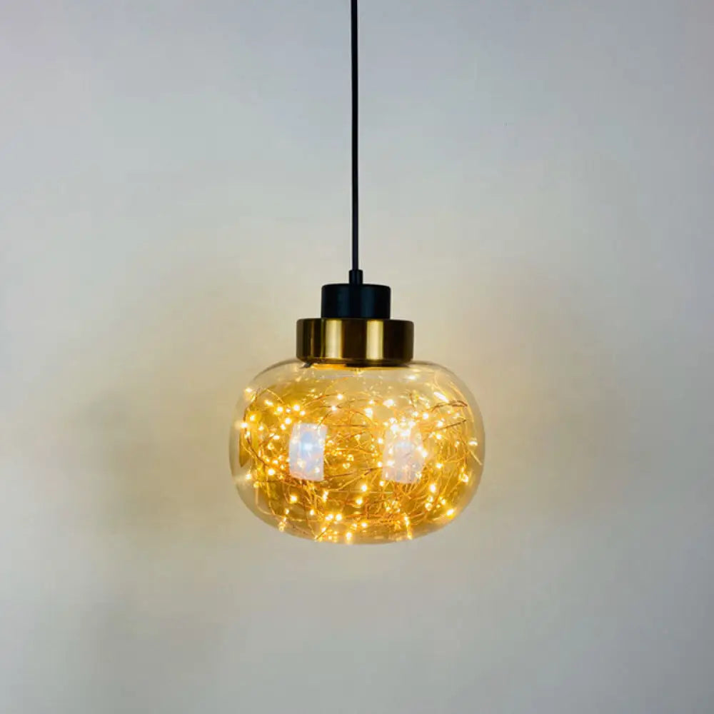 Modern Brass Finish Glass Jar Pendant Light With Led String For Ceiling Hanging Amber / Warm