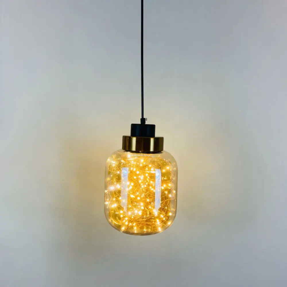 Modern Brass Finish Glass Jar Pendant Light With Led String For Ceiling Hanging Amber / Warm Oval