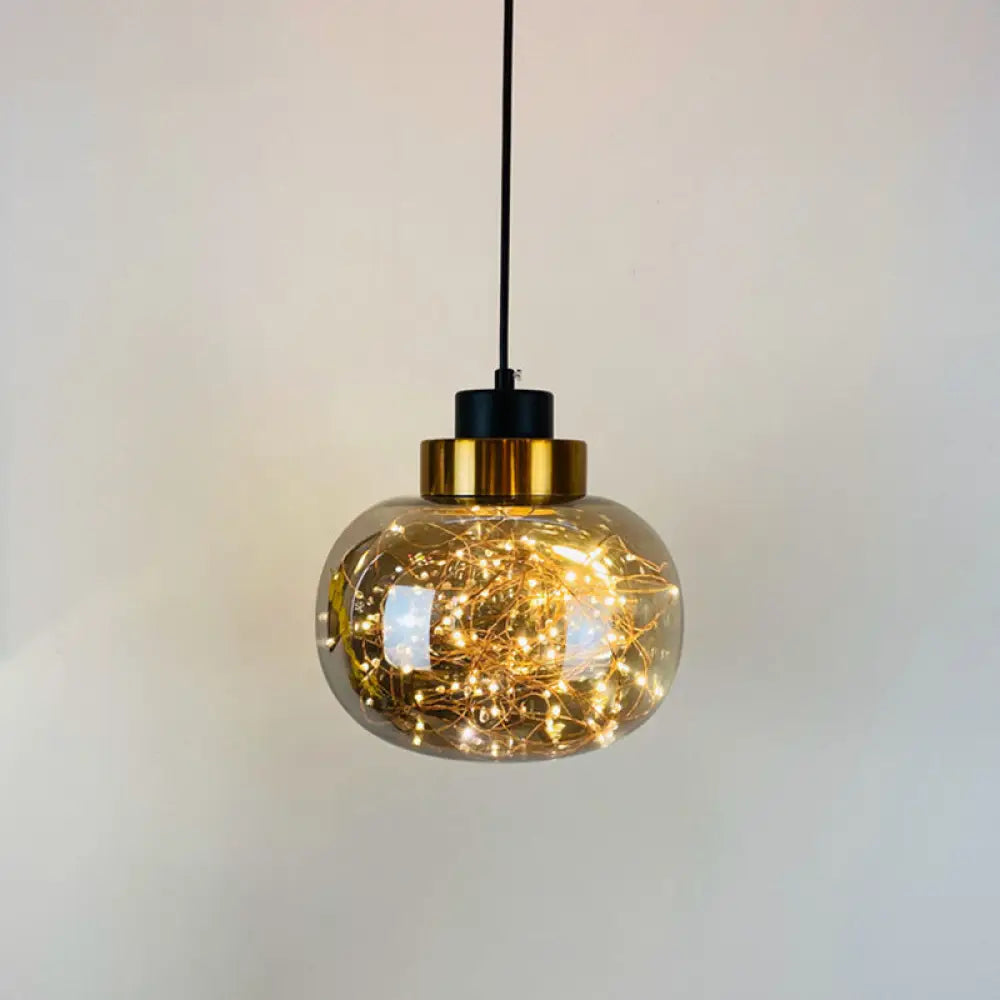 Modern Brass Finish Glass Jar Pendant Light With Led String For Ceiling Hanging Smoke Gray / Warm