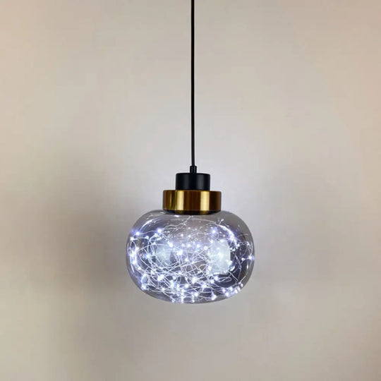 Modern Brass Finish Glass Jar Pendant Light With Led String For Ceiling Hanging Smoke Gray / White