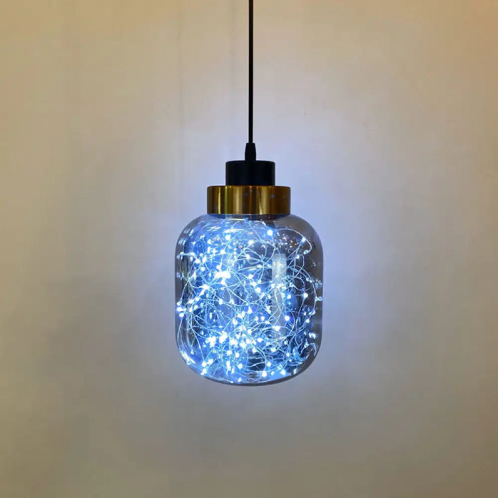 Modern Brass Finish Glass Jar Pendant Light With Led String For Ceiling Hanging Smoke Gray / White