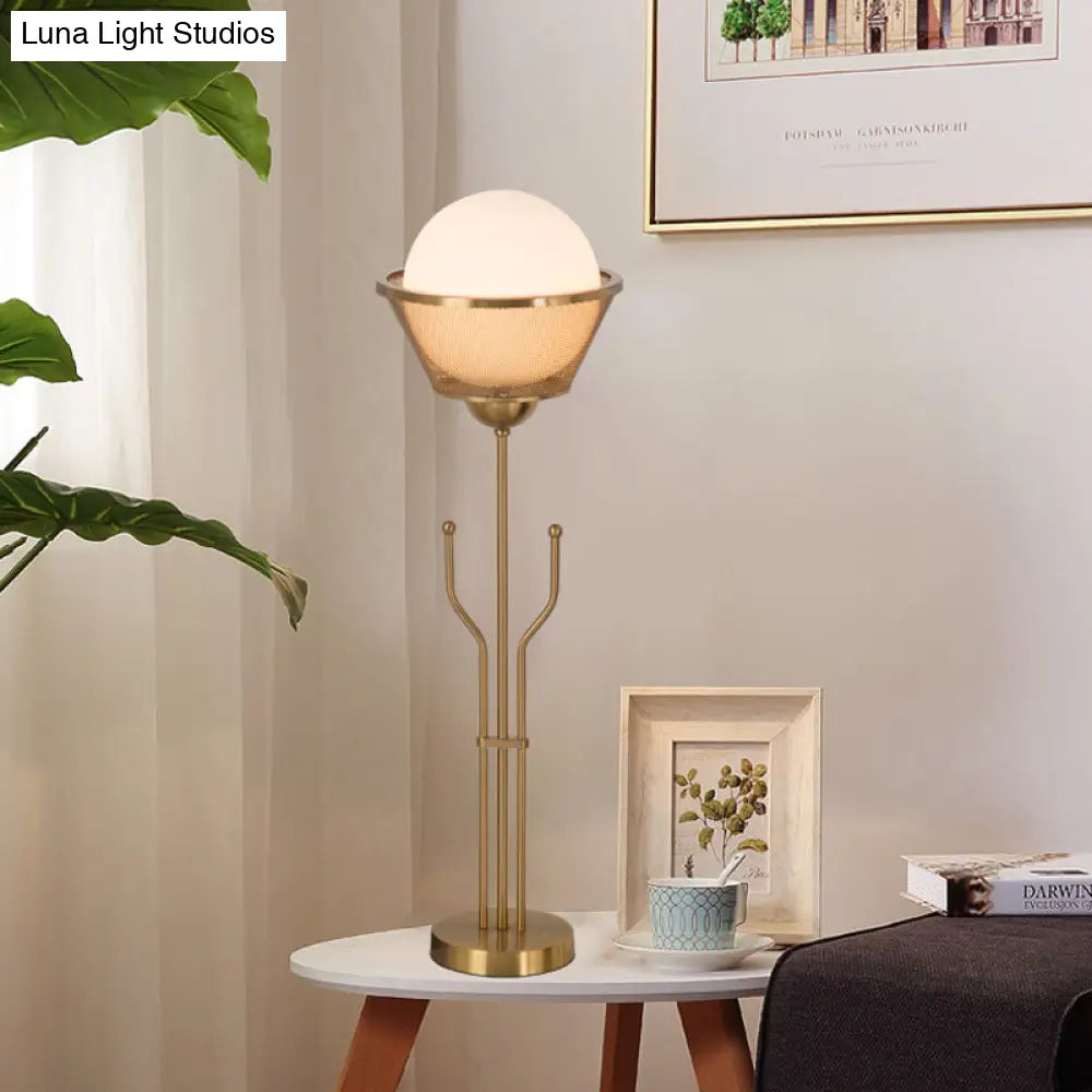 Modern Brass Finish Table Lamp With Trident Base - Metallic Reading Book Light