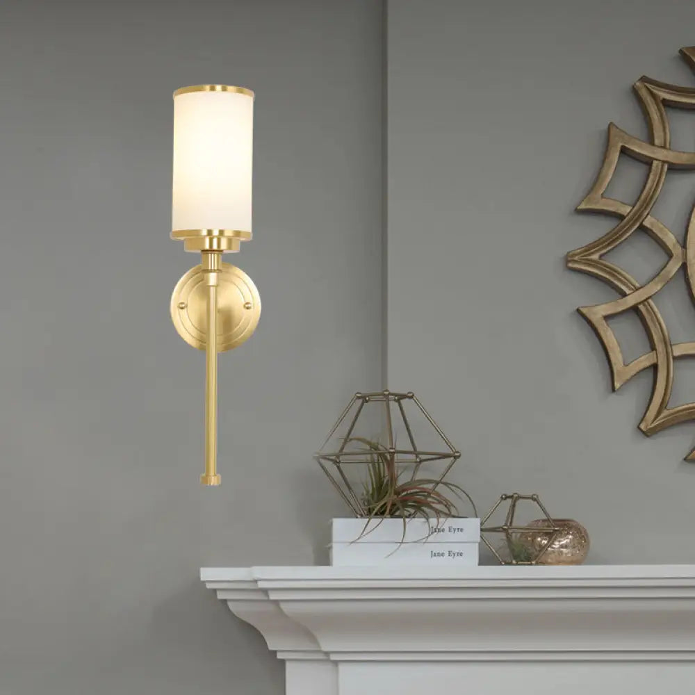 Modern Brass Finish Wall Lamp With Frosted Glass Cylinder Mount Light 1 /