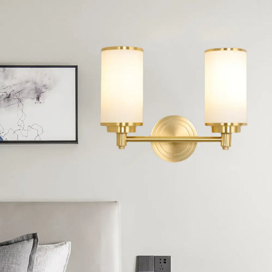 Modern Brass Finish Wall Lamp With Frosted Glass Cylinder Mount Light 2 /