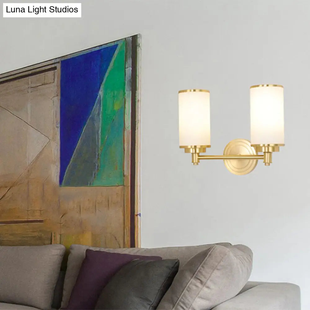 Modern Brass Finish Wall Lamp With Frosted Glass Cylinder Mount Light